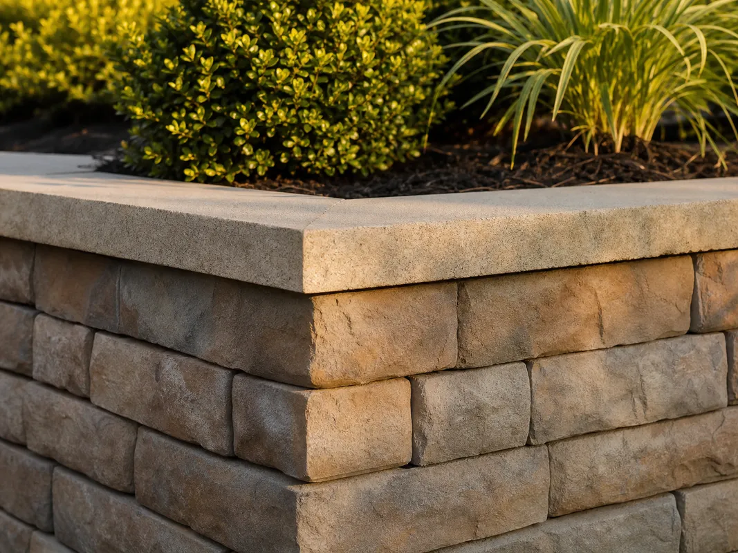 Retaining wall finish detail in Southern Indiana showing wall face, cap, and landscape bed.