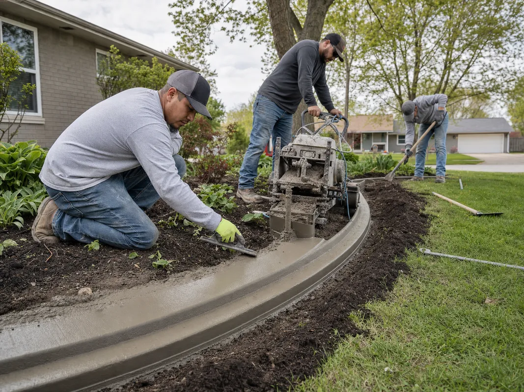 Stryker Outdoor Solutions crew working on decorative concrete curbing in Bloomfield, Indiana.