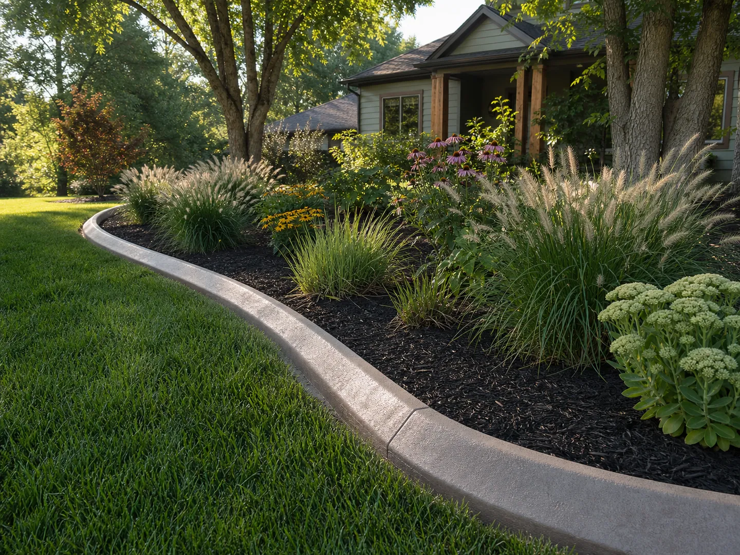 reinforced concrete curbing and custom landscape border for a Bloomfield, Indiana property by Stryker Outdoor Solutions.