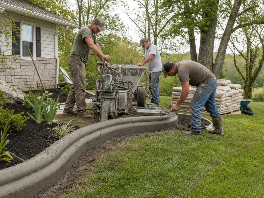 Stryker Outdoor Solutions crew installing concrete landscape edging for a Mitchell, Indiana homeowner.