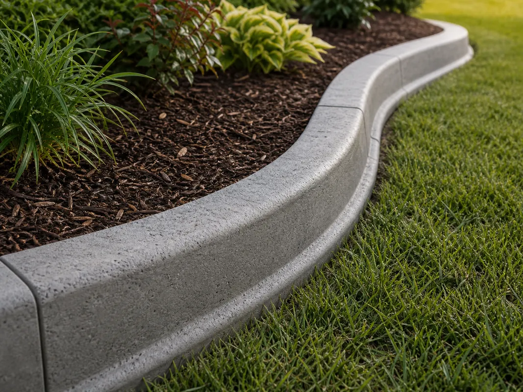 Decorative concrete landscape edging beside mulch and lawn