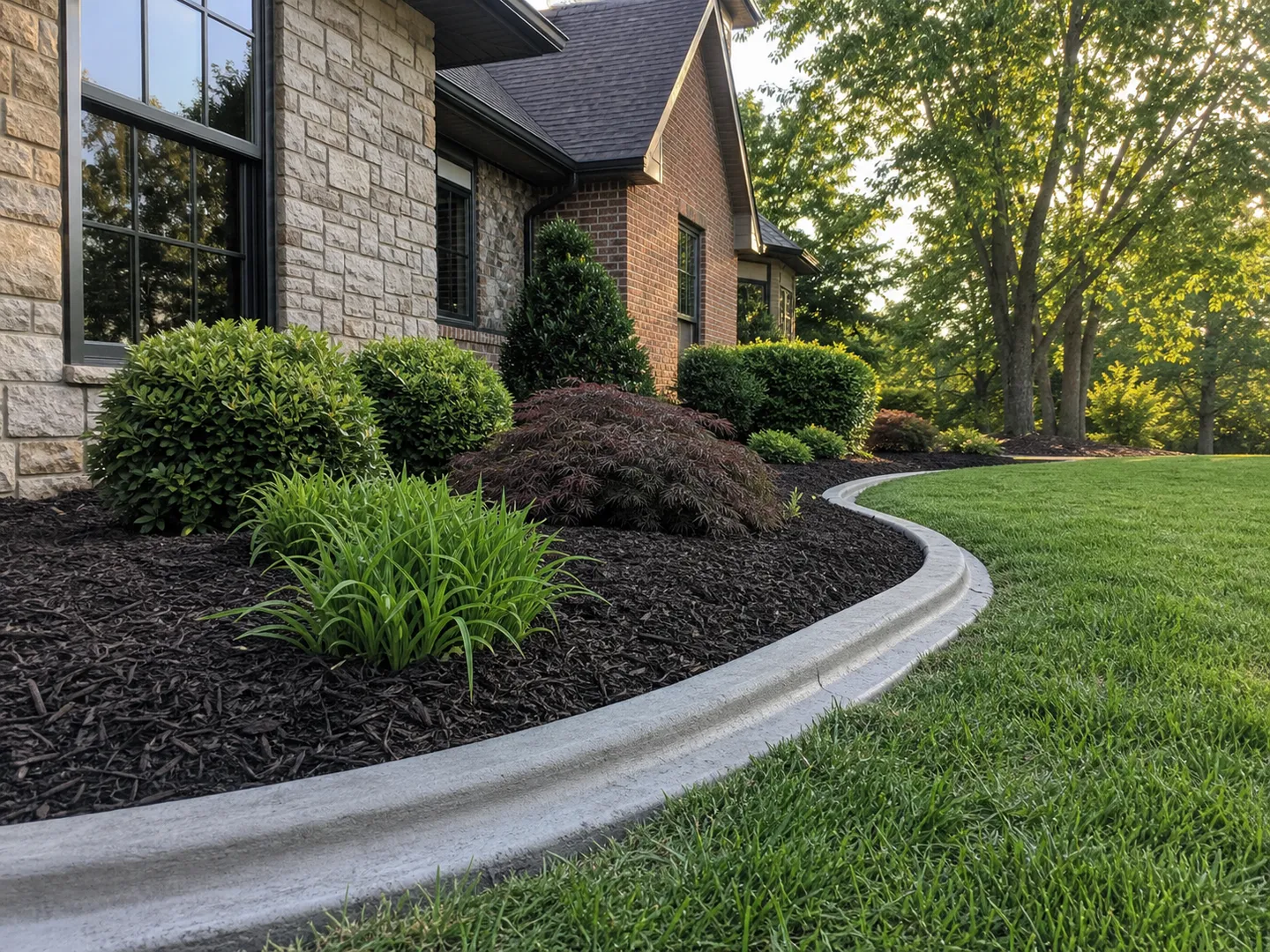 Reinforced decorative concrete curbing beside a landscaped Southern Indiana home
