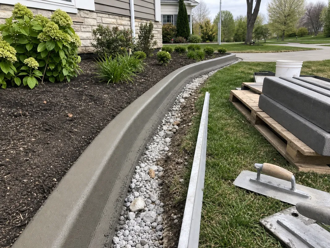Stryker Outdoor Solutions installing decorative concrete curbing at an Olney, Illinois property.