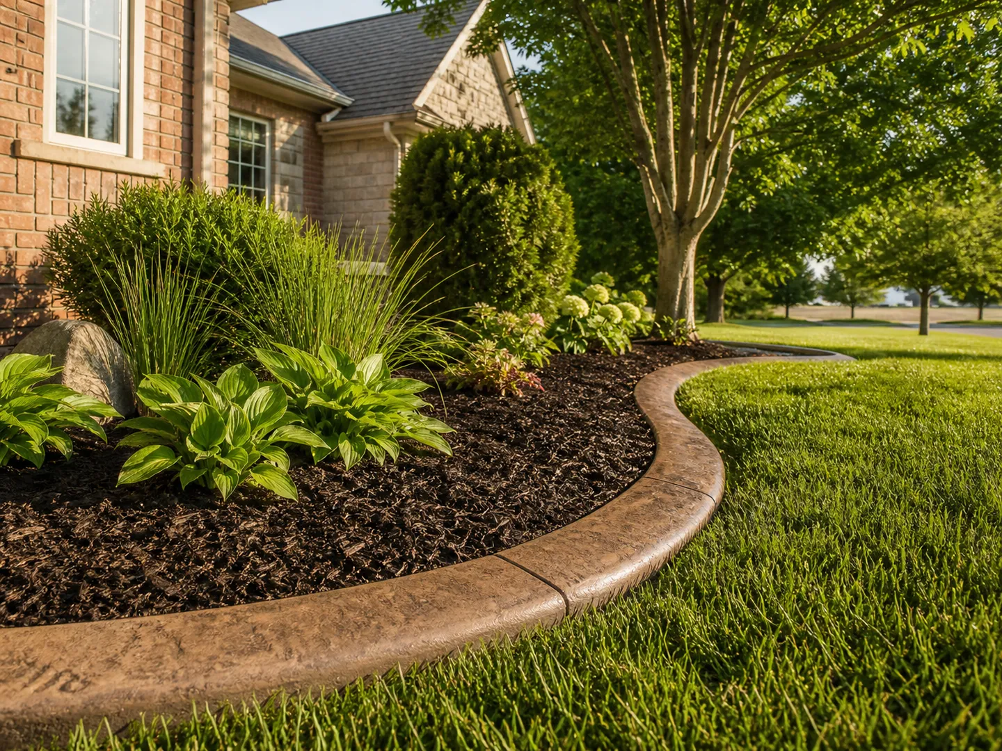 custom decorative concrete landscape edging for an Olney, Illinois property by Stryker Outdoor Solutions.