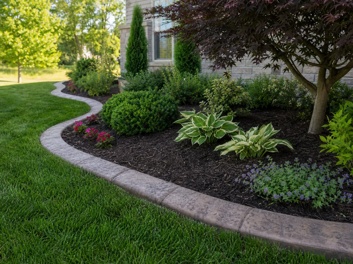 stamped concrete curbing around front landscape beds in Southern Indiana