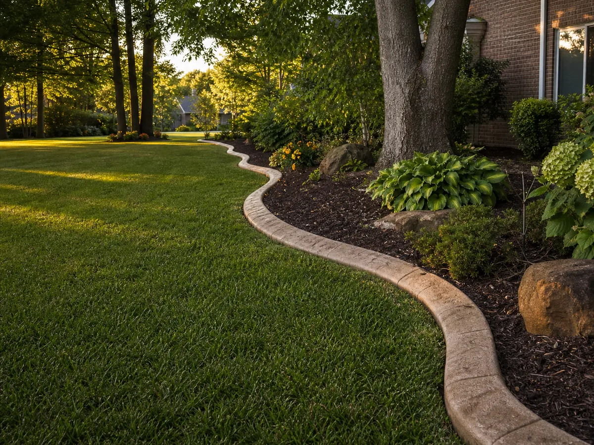 stamped concrete landscape border along a Southern Indiana yard